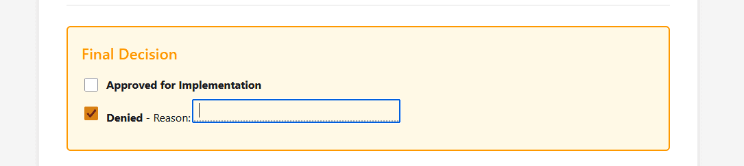 Final Decision form excerpt with an approval checkbox and a selected denial checkbox beside an empty reason field.