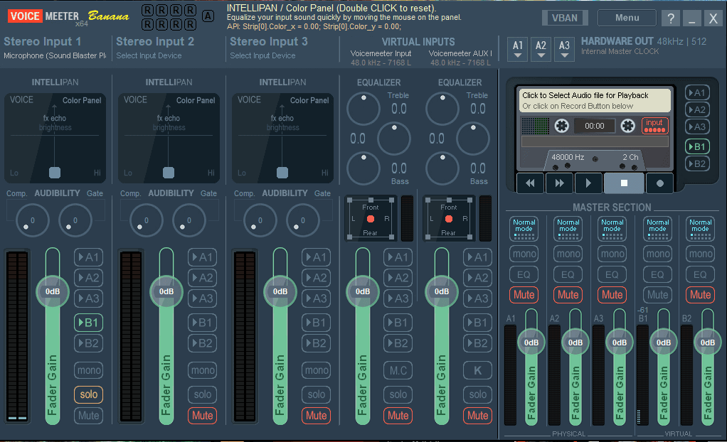 Voicemeeter Banana audio mixer showing stereo inputs, virtual inputs, routing controls, and output levels.