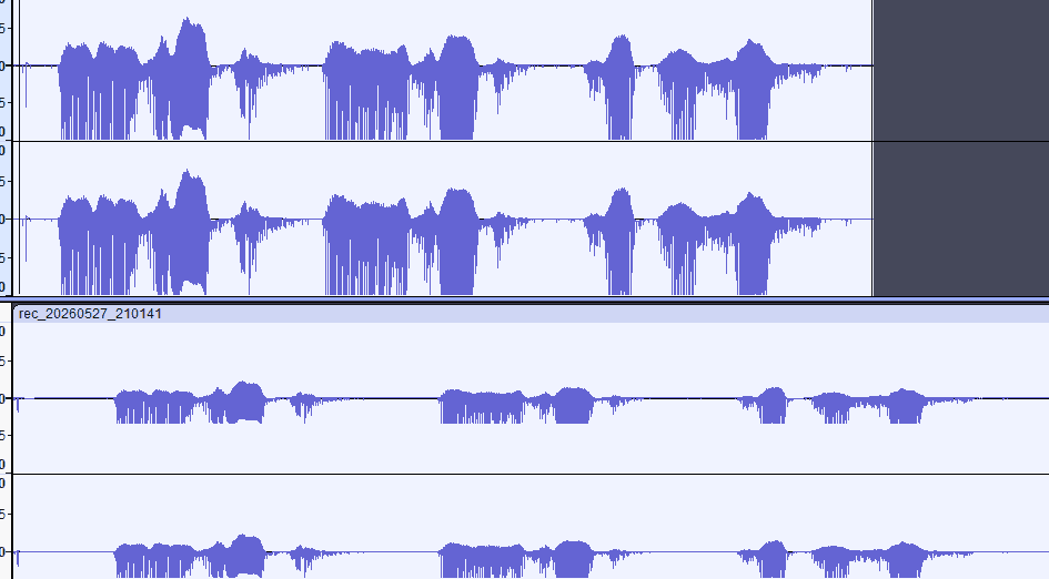Captured audio displayed as stereo waveforms, showing speech-level changes and quieter intervals.
