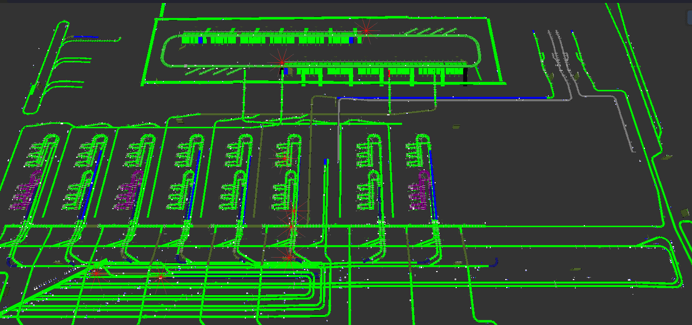 ICWinUI3 conveyor overview showing connected routing paths, sorter loops, and colored equipment markers across the facility layout.