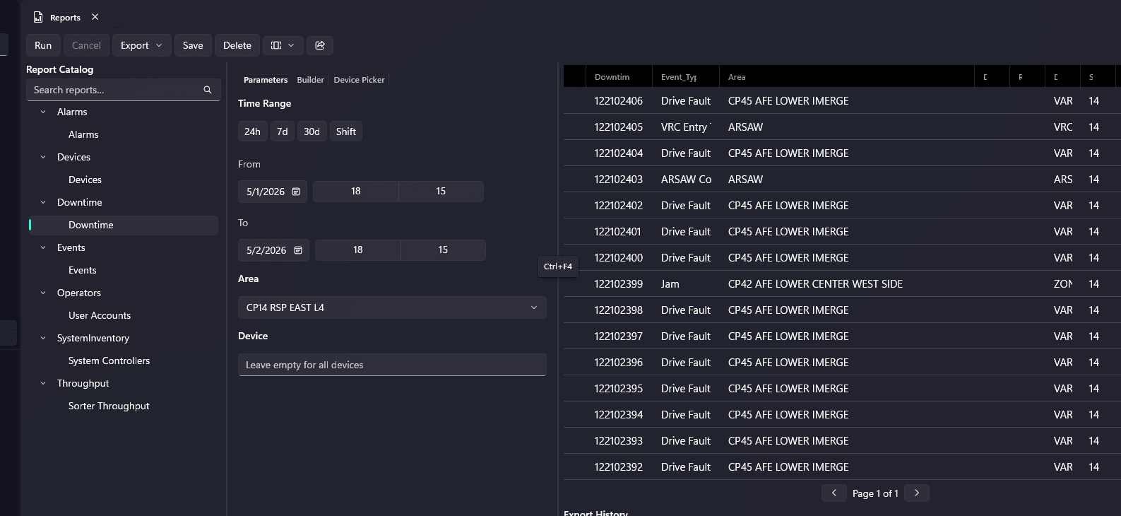 ICWinUI3 reporting workspace with report catalog, time range and area filters, and a populated downtime table.