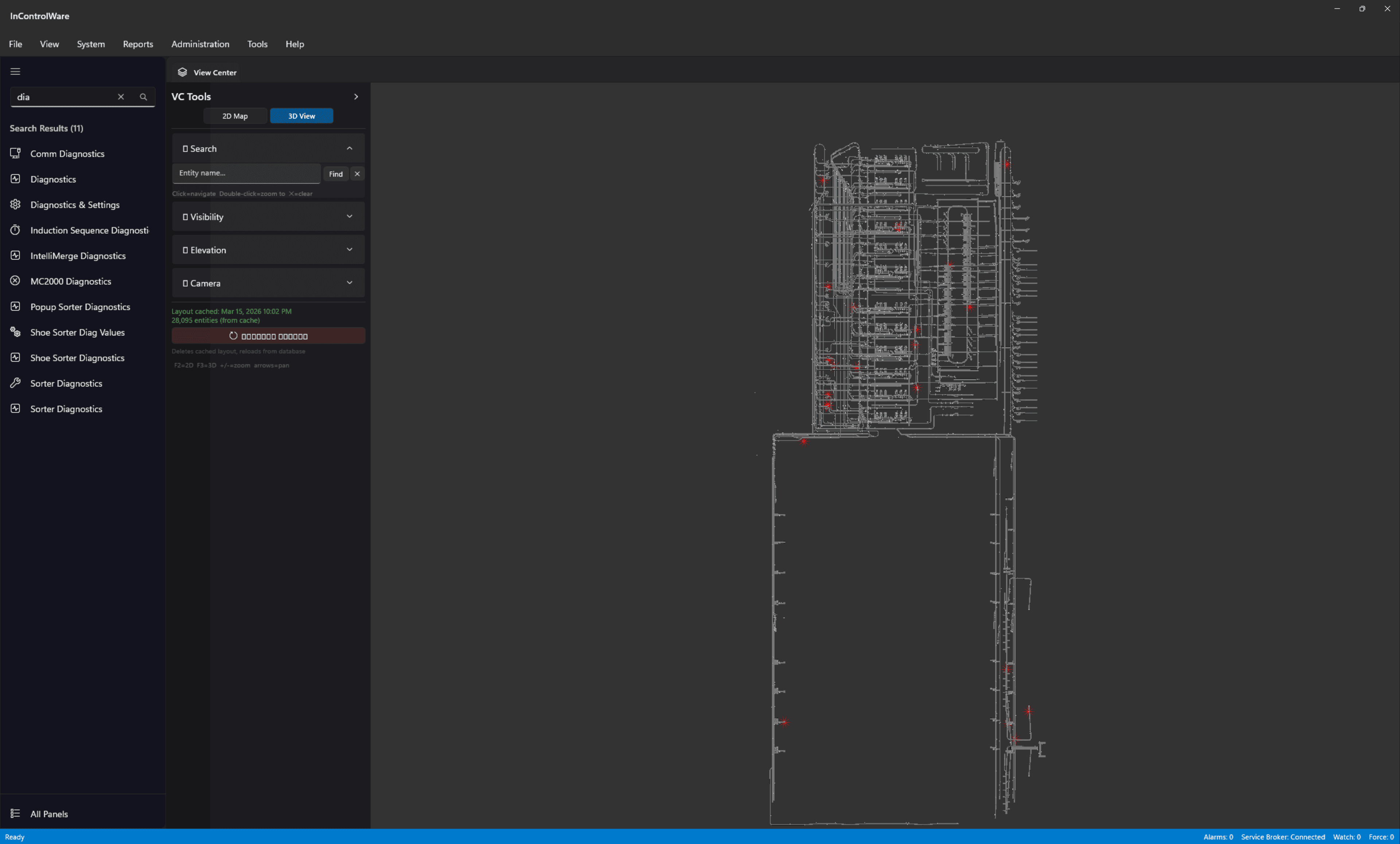 ICWinUI3 View Center with panel search, 3D view controls, and a full-facility conveyor layout with equipment markers.